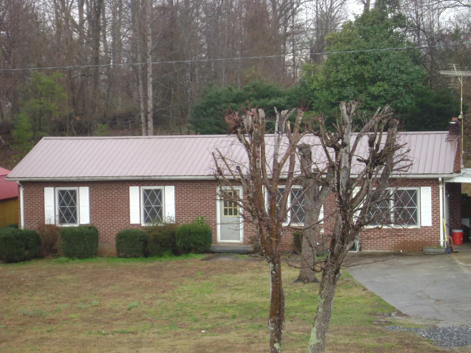 Mauve metal roof on a brick ranch home behind bare trees in Circleville